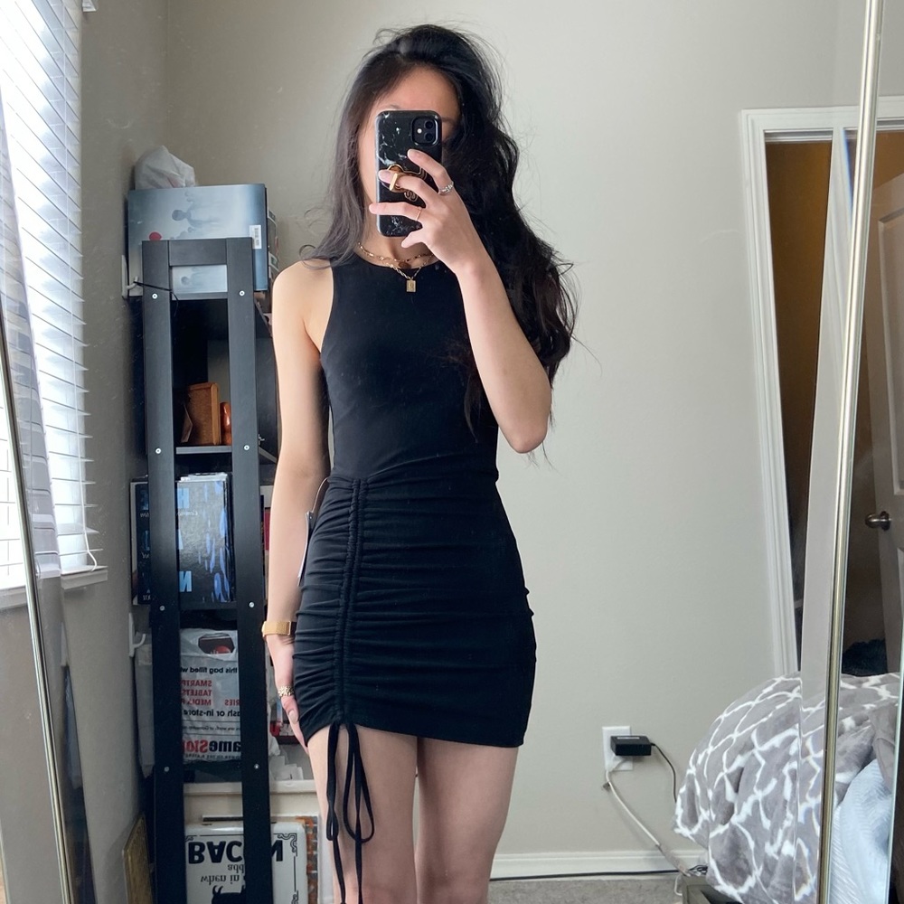 Black Ruched Tie Bodycon Mini Dress